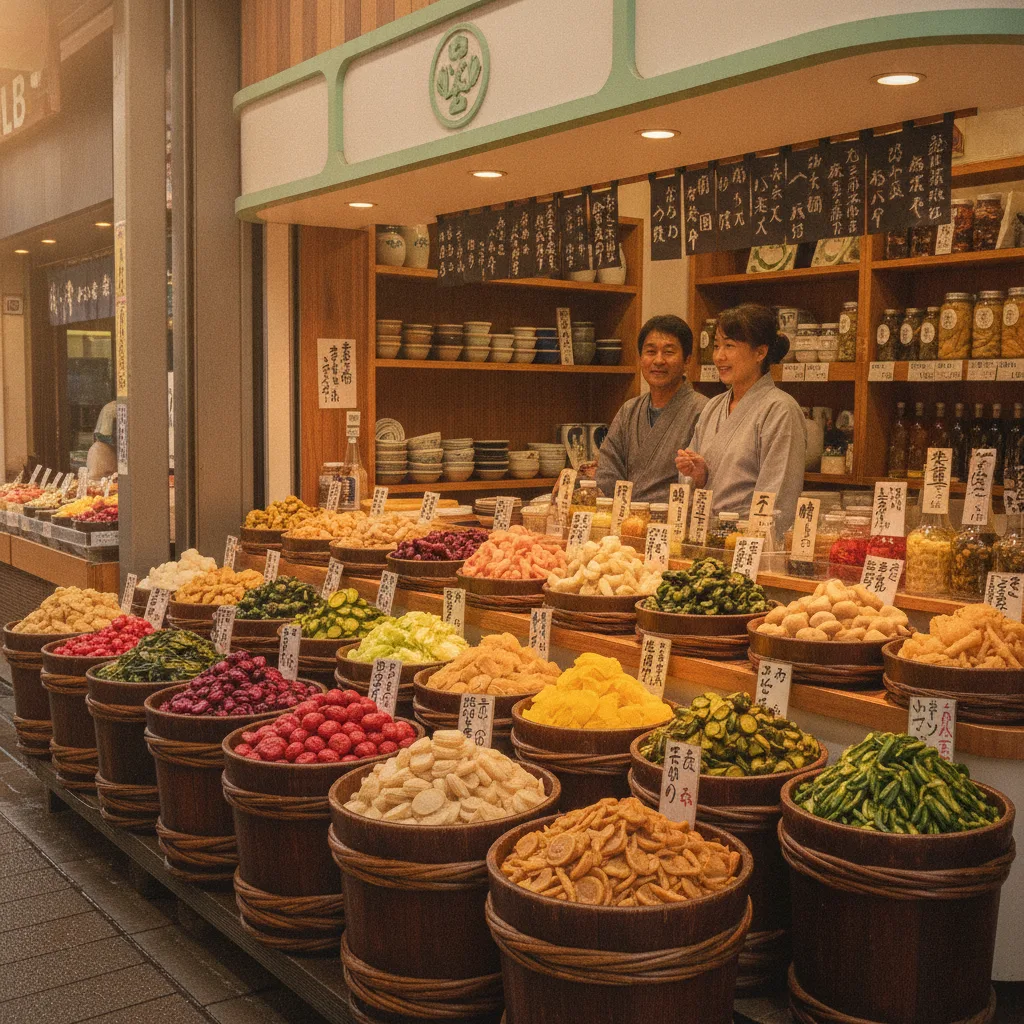 築地場外市場の漬物の店先。木樽が並ぶ朝の風景。